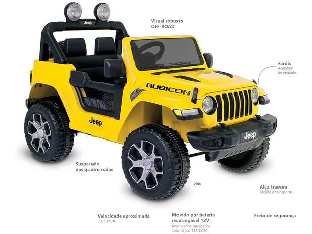 Jeep Elétrico Infantil Amarelo Bandeirante - Jeep Wrang com Controle Remoto 2 Marchas